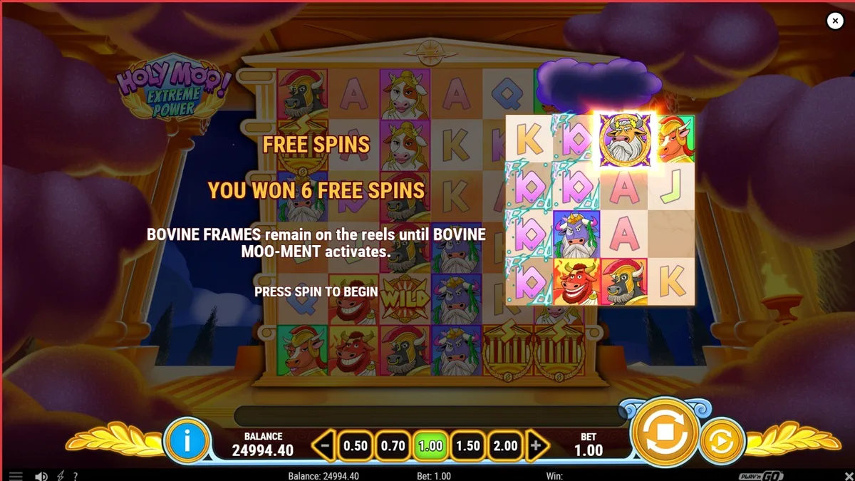 Karakter dewa sapi lucu dalam permainan slot Holy Moo! Extreme Power