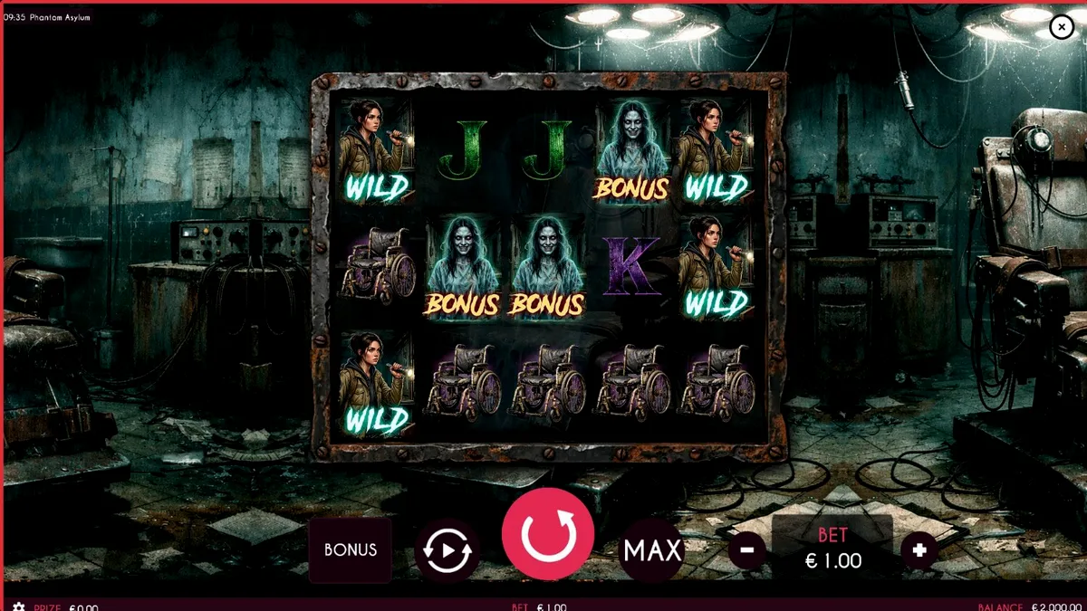 Tampilan visual slot Phantom Asylum dengan tema rumah sakit jiwa yang mencekam