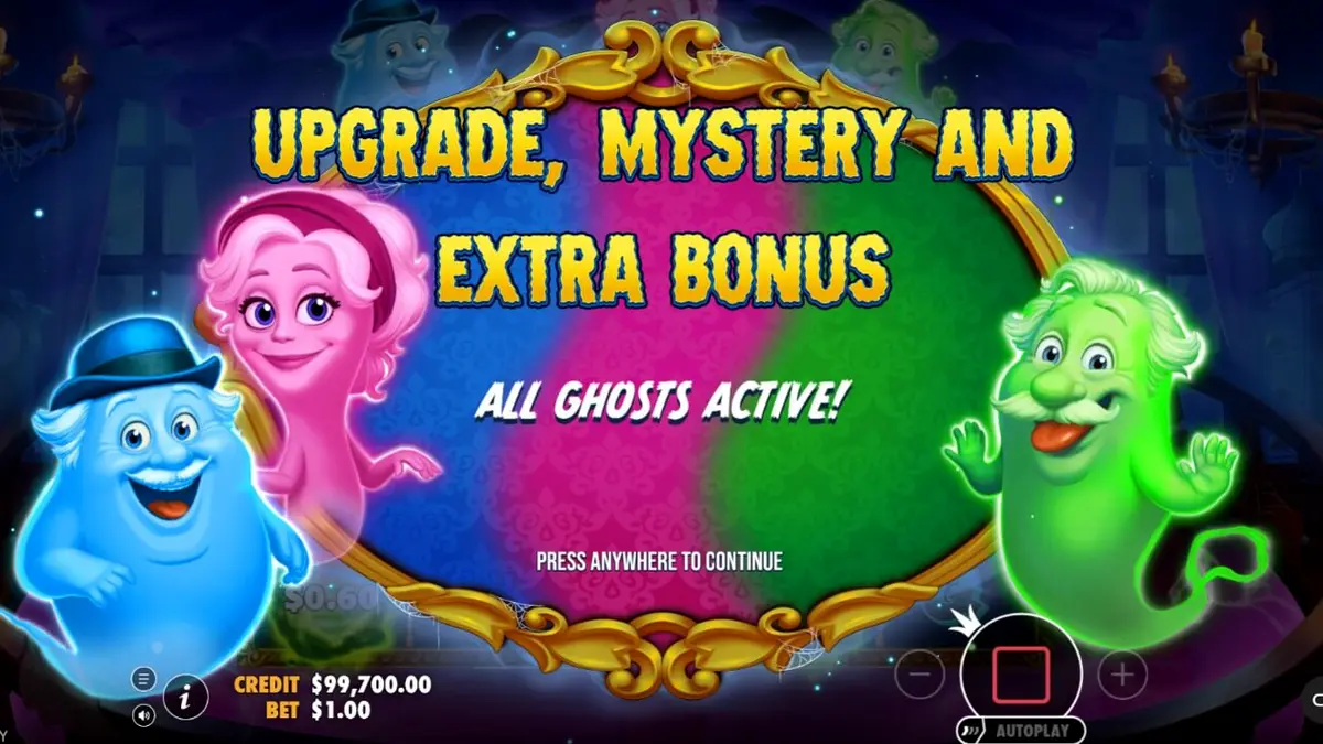 Tampilan visual slot Great Ghosts dengan tema rumah hantu kartun